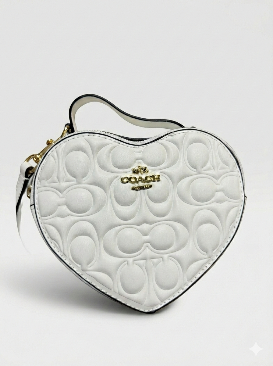 Embossed raised Logo Heart shaped Bag with Strap- HE by ART BOX INCLUDED