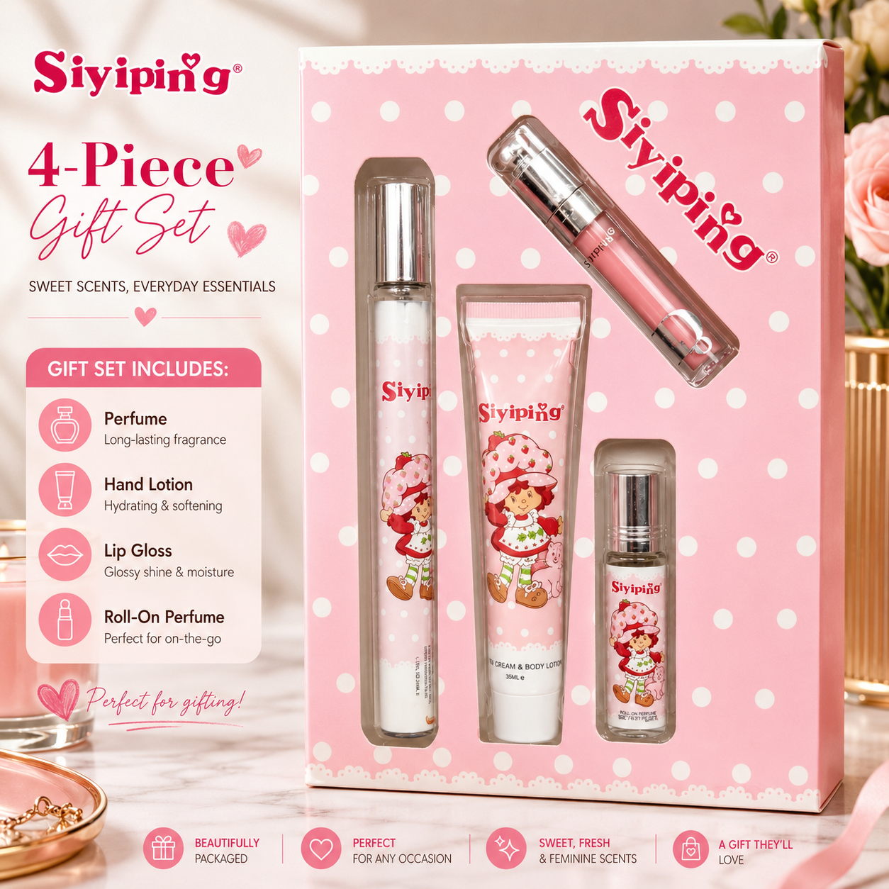4 PC Gift PERFUME GIFT SET- PICK A SCENT- INCLUDES 1 PERFUME TR byAVEL, 1 ROLL ON PERFUME, 1 GLOSS, 1 HAND CREAM