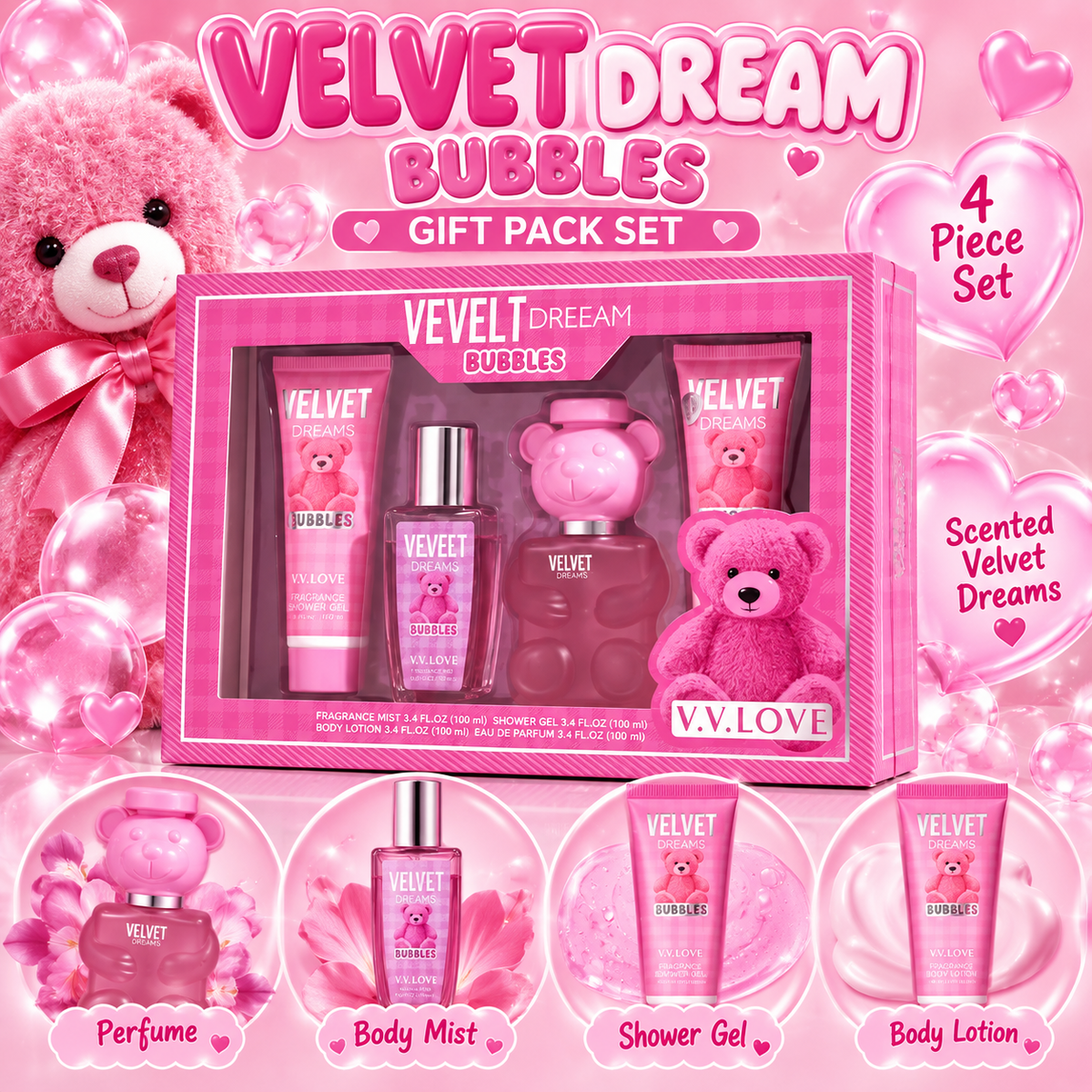 VV LOVE Bubbles scented velvet dreams inspired Gift Pack set with Perfume, Shower Gel, Body mist glass, and lotion