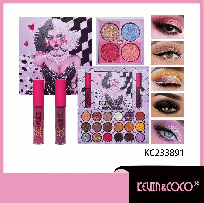 Kevin Coco Premium Cruella Eyeshadow Makeup set- Eyeshadow, Lip, Highlighter palette, Lipstick set