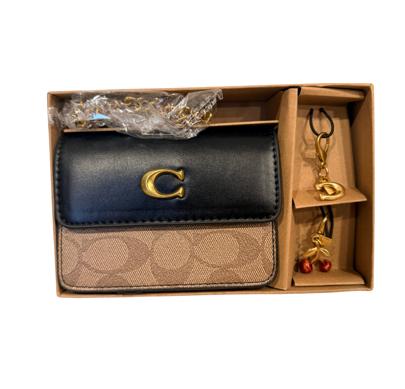 Inspired crossbody Mini Fold over with charms and chain- 5 x 3.5 inches