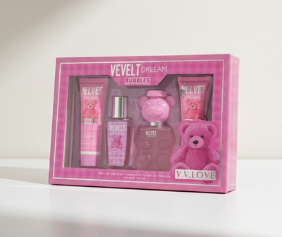 VV LOVE Bubbles scented velvet dreams inspired Gift Pack set with Perfume, Shower Gel, Body mist glass, and lotion