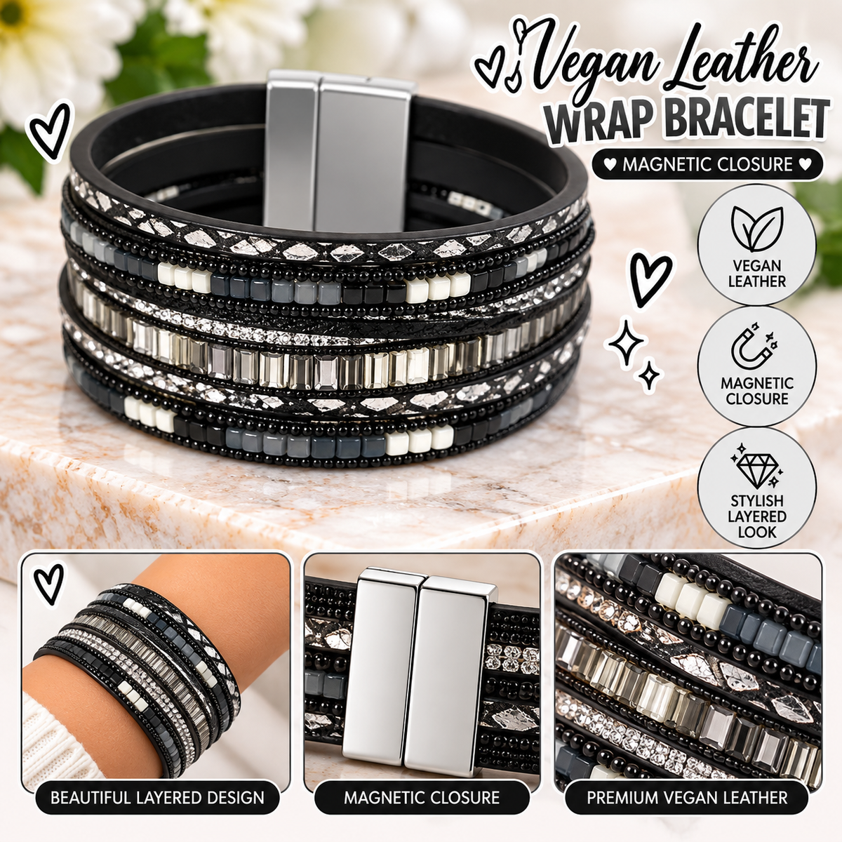 Vegan Leather wrap with magentic closure