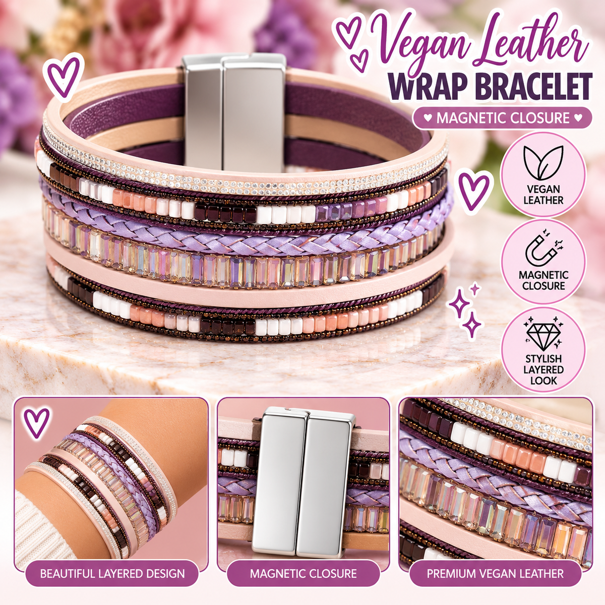 Vegan Leather wrap with magentic closure