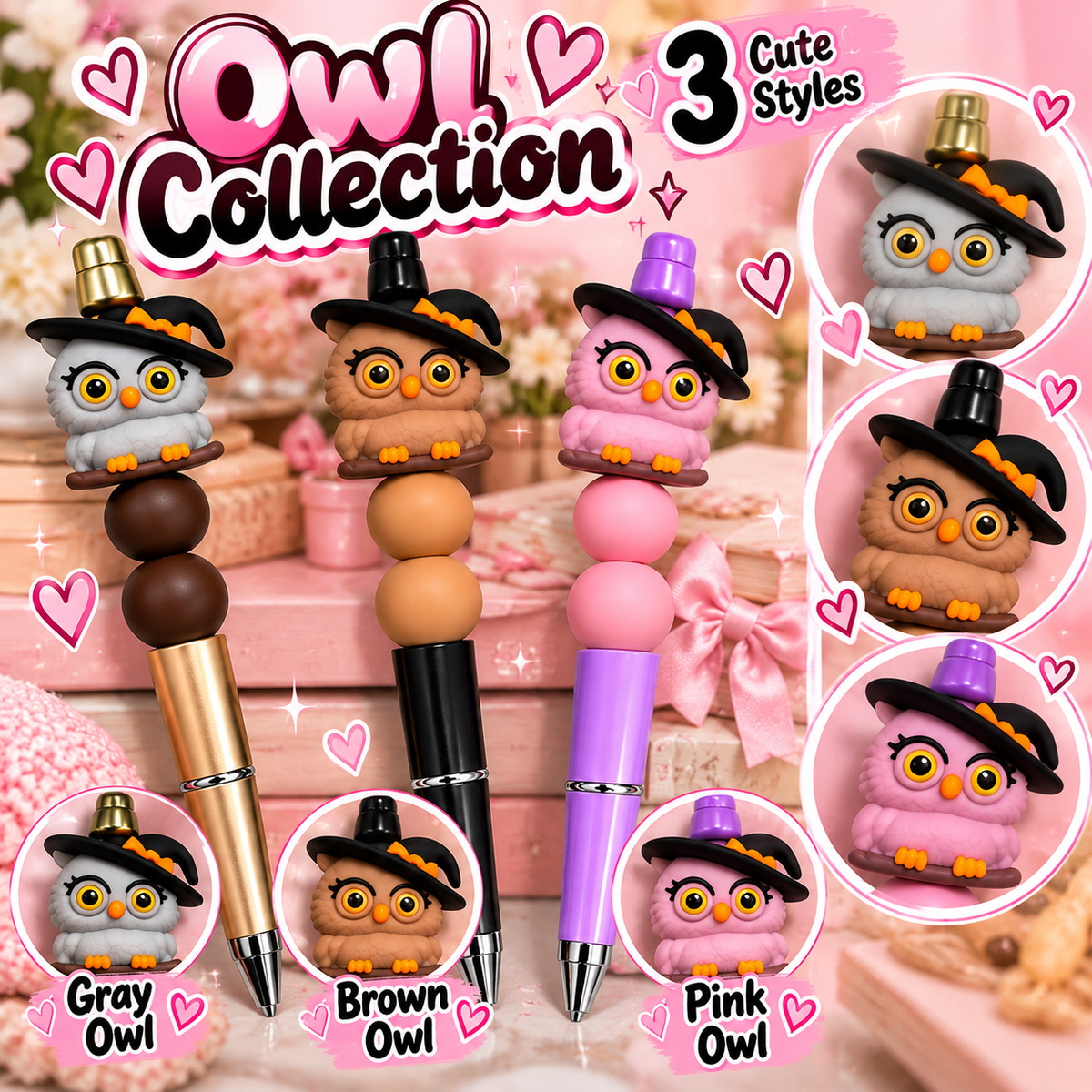 3 PC Beaded Pens- OWLS (individually packed)