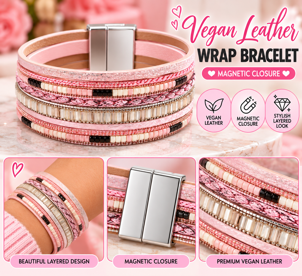 Vegan Leather wrap with magentic closure