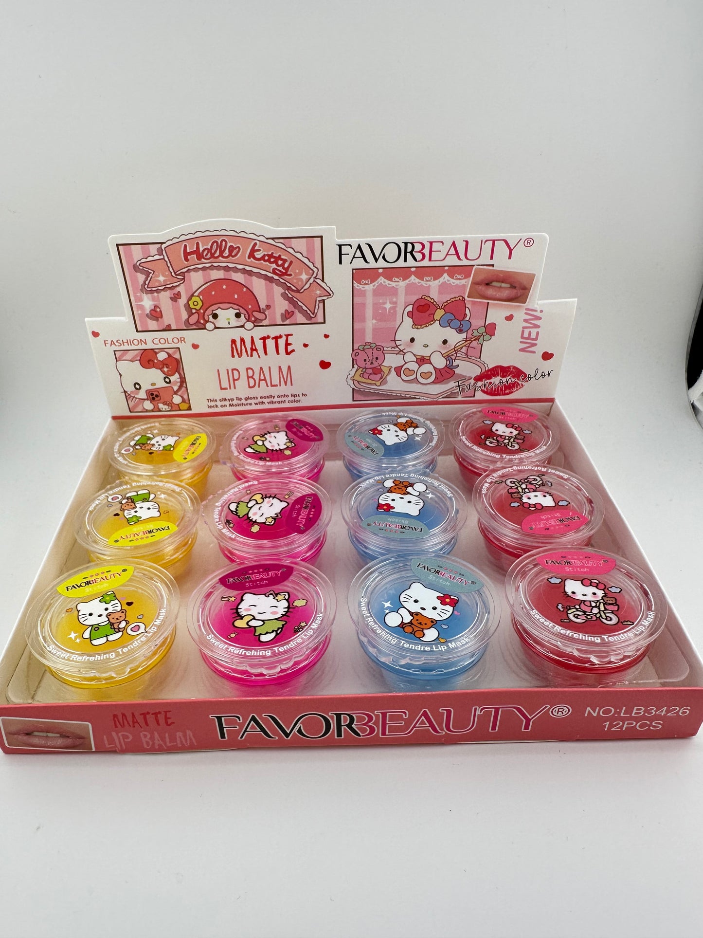 Kitty 12 Pack Box Acrylic Fruit scented Lip Balm- 🍇🍓🍋🫐