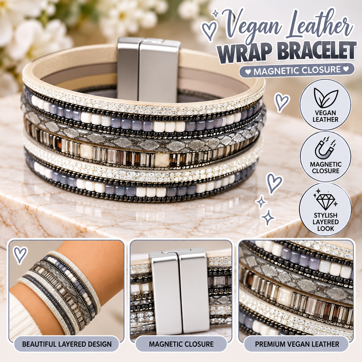 Vegan Leather wrap with magentic closure