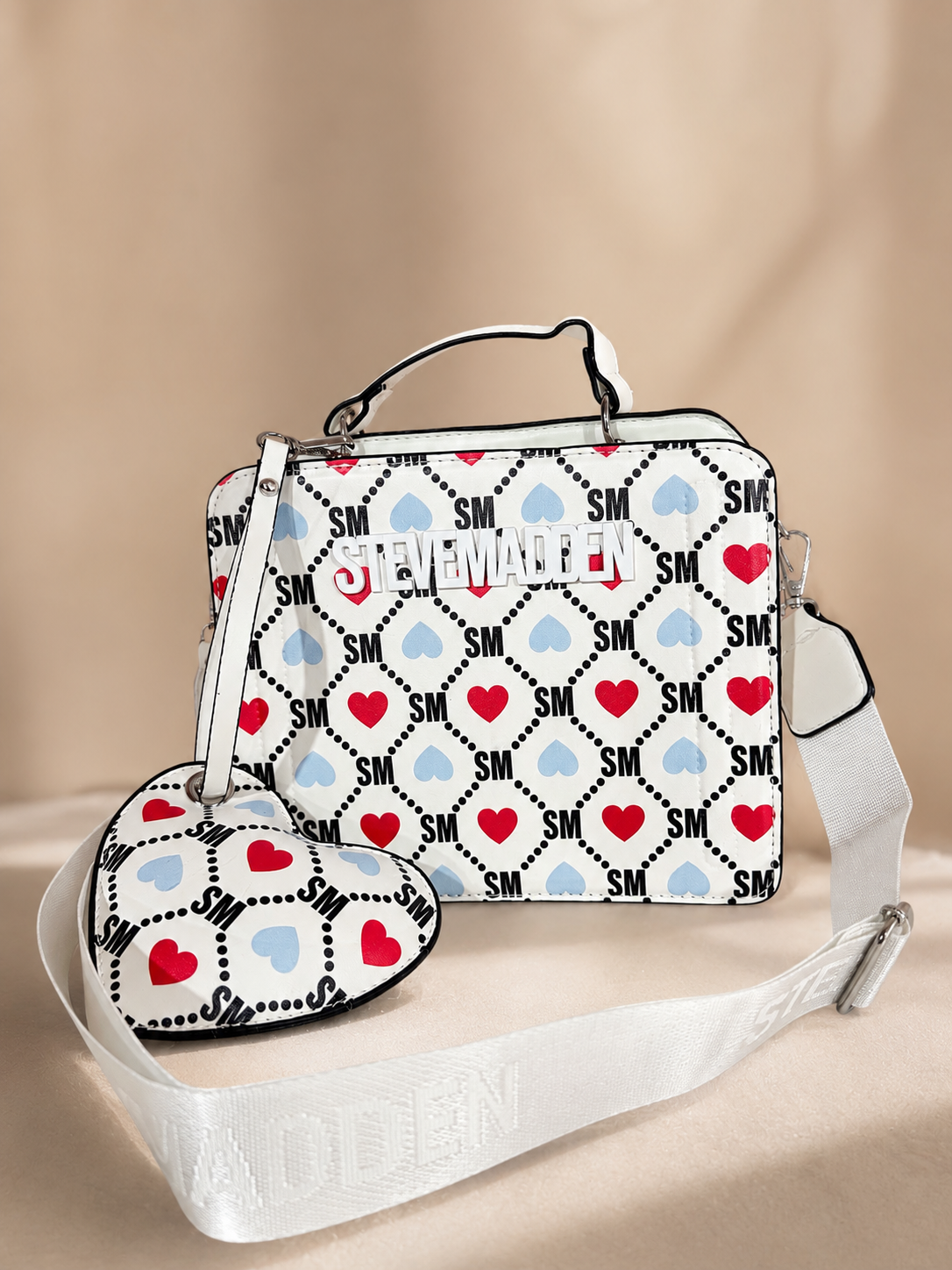 Bevely Style handbag with heart charm keychain and 2 straps!- White