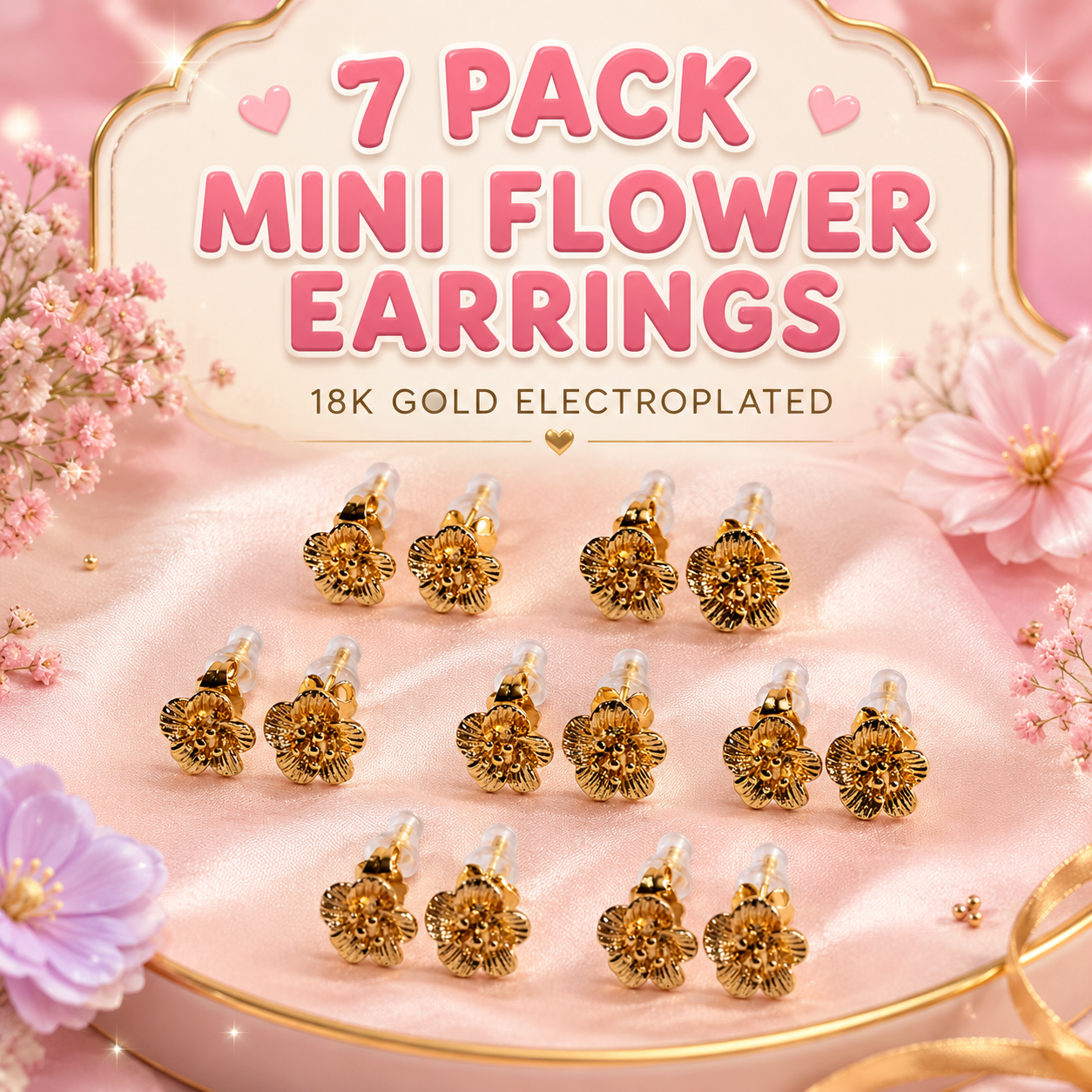 7 Pack Mini Flower Earrings- 18K Gold Electroplated