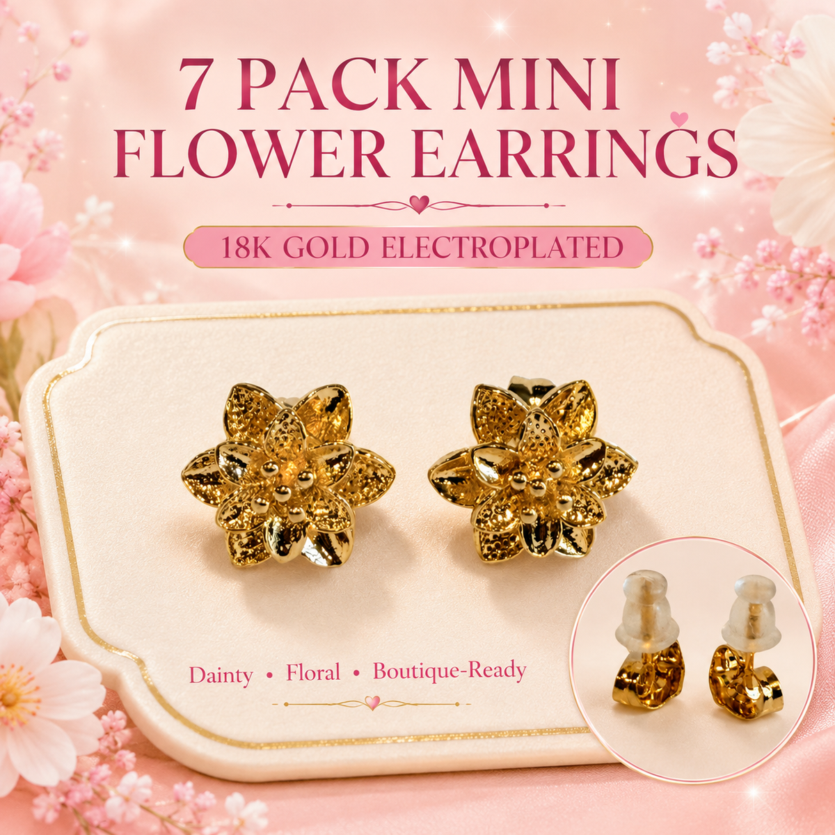 7 Pack Mini Flower Earrings- 18K Gold Electroplated