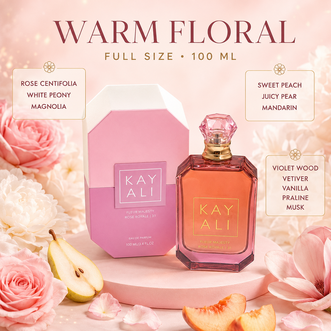 Kay full size 100Ml Rose Royal Perfume- Rose, Peach, Juicy Pear