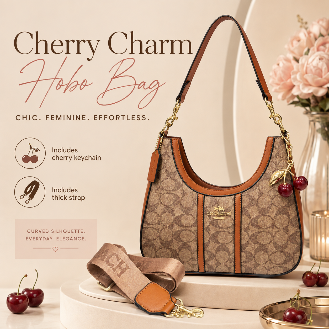 Cherry charm Hobo Card style bag with thick strap