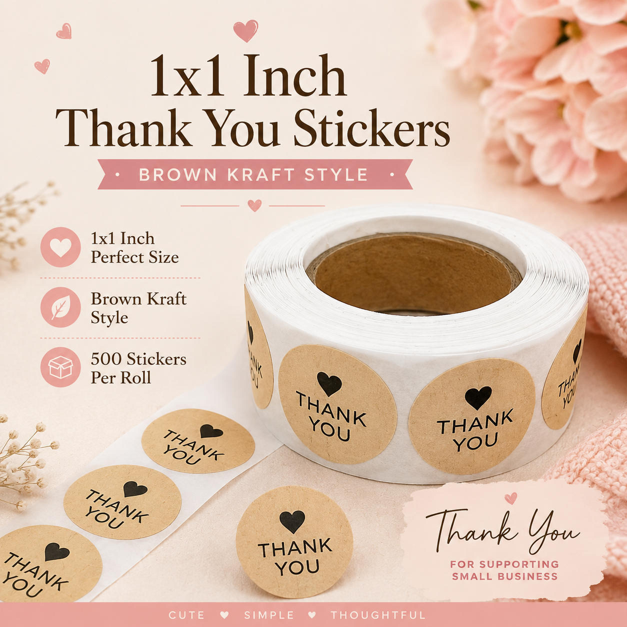 500 PC! Roll of thank you stickers- 1x1 inch