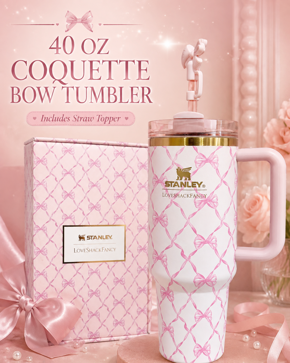 40 OZ Pink Coquette tumbler with straw topper