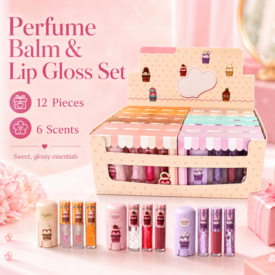 12 Piece display Perfume balm and lip gloss set! Each set comes with 3 lippies and balm