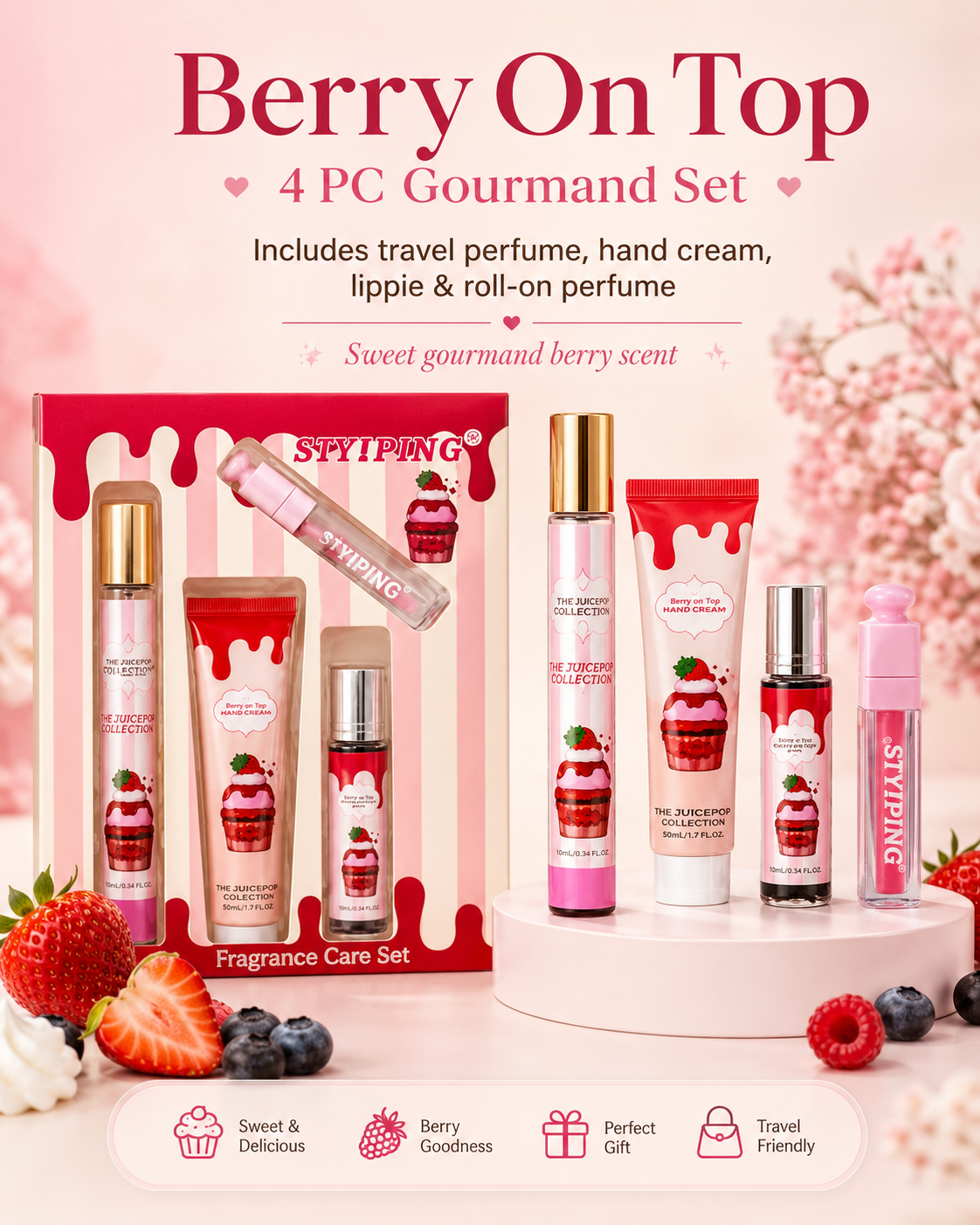 Berry on Top 🍓🧁- 4PC Gift set- Roll on perfume, travel perfume, hand cream and lippie
