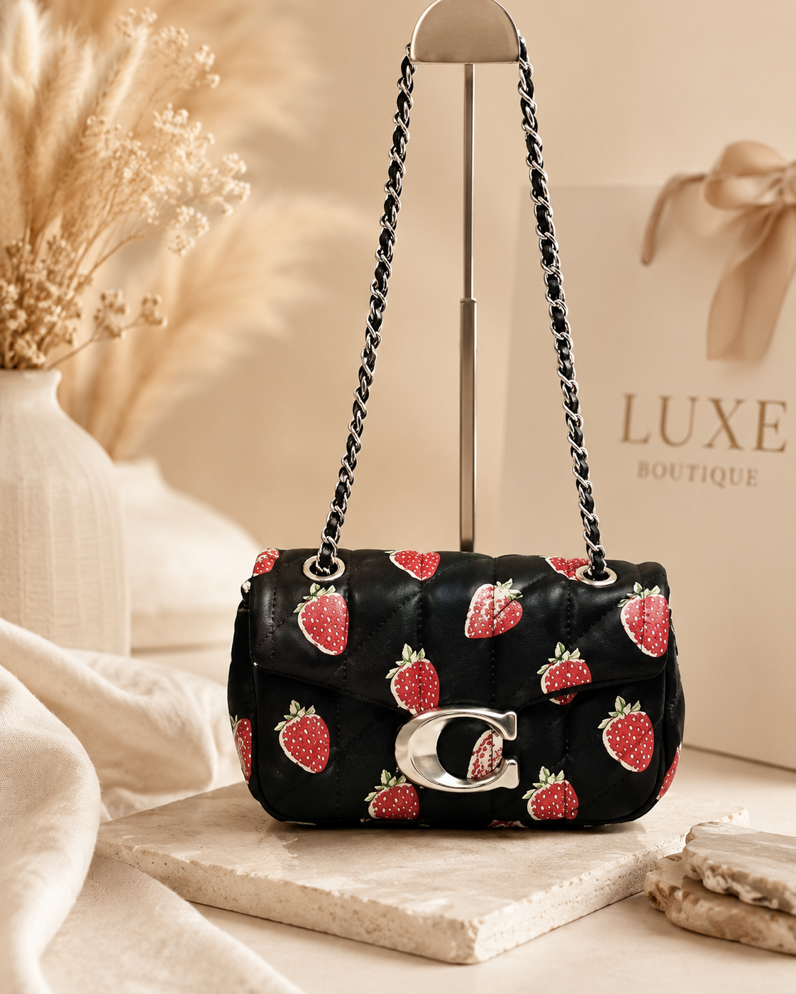 🍓Strawberry Print Quilted Shoulder Bag 🍓 Black