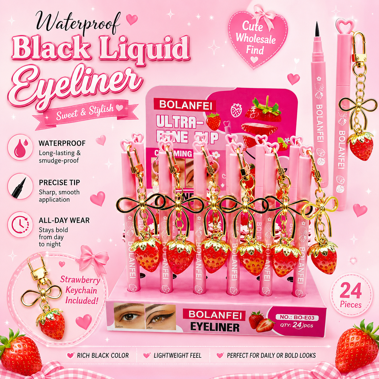 24 PC Liquid Eyeliner- Black- Strawberry keychain