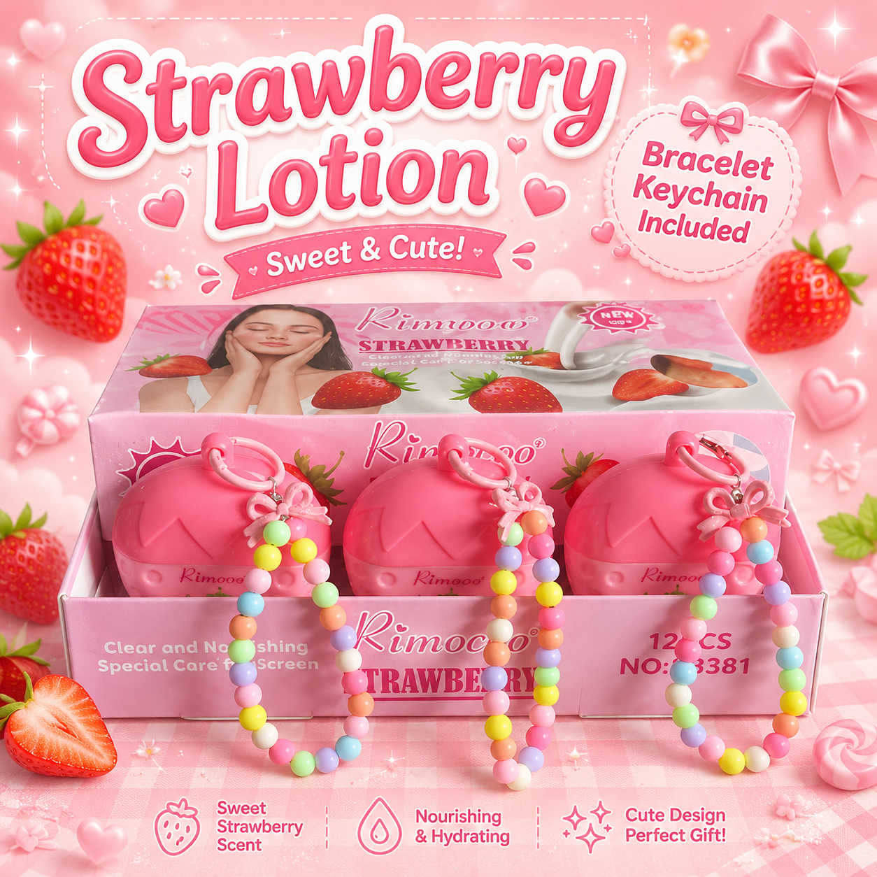 Strawberry hand lotion 12 PC With bracelet Keychain