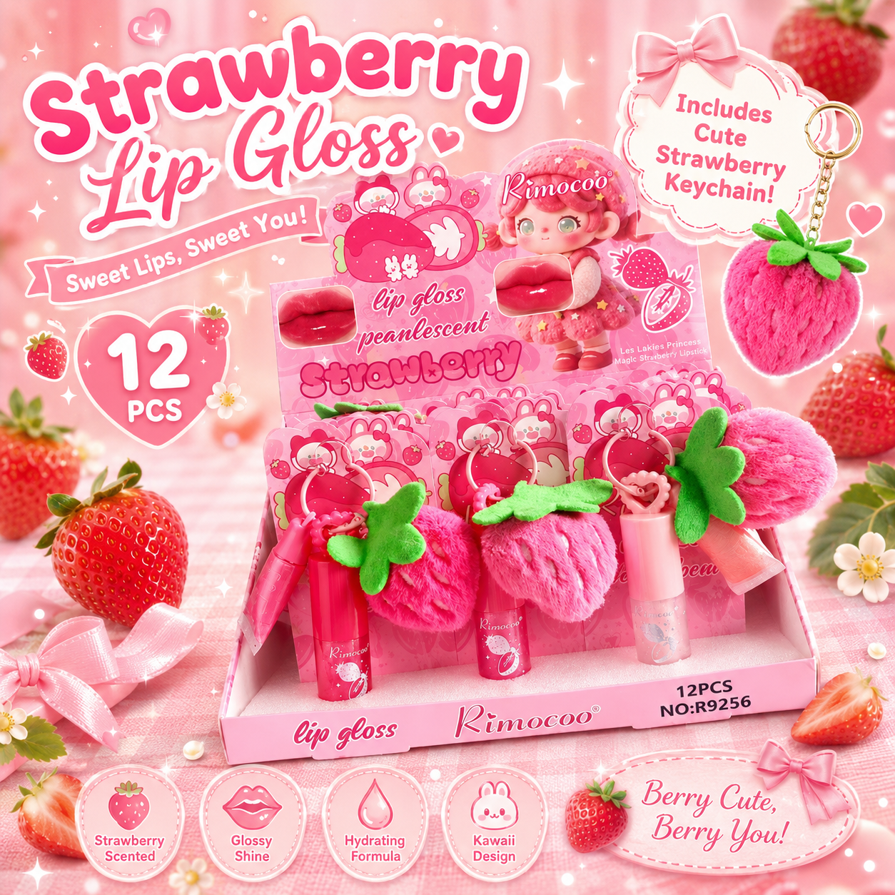 12 PC Strawberry plushie keychain with lip gloss