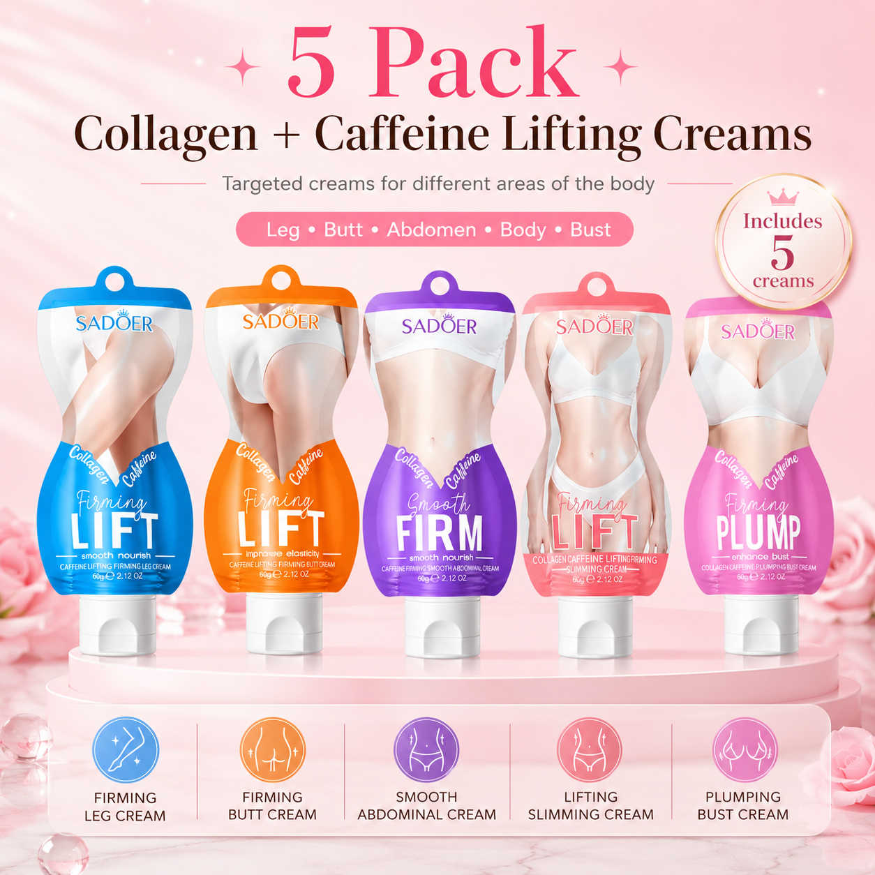 5 Pack Sadoer Lifting Collagen and Caffeine creams