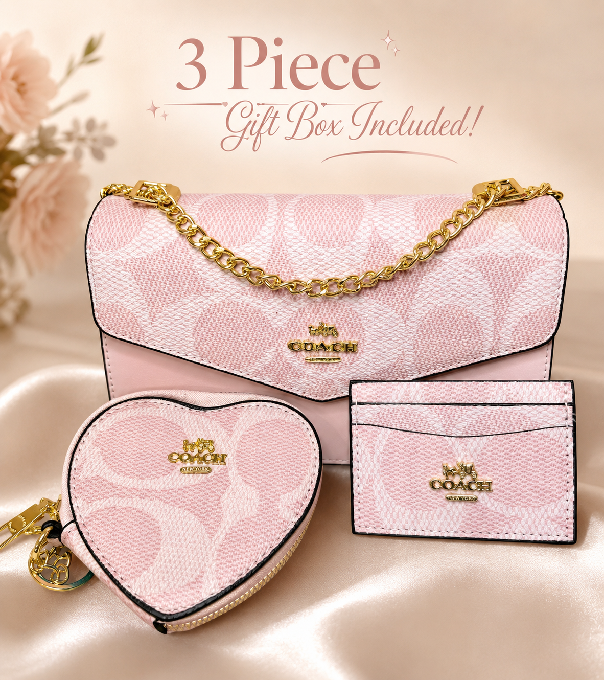 3 Piece with Gift Box!-Pink heart wallet