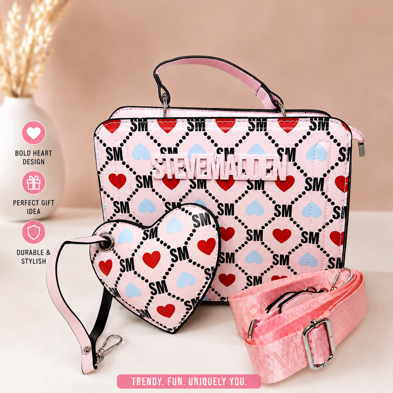 Bevely Style handbag with heart charm keychain and 2 straps!- Pink