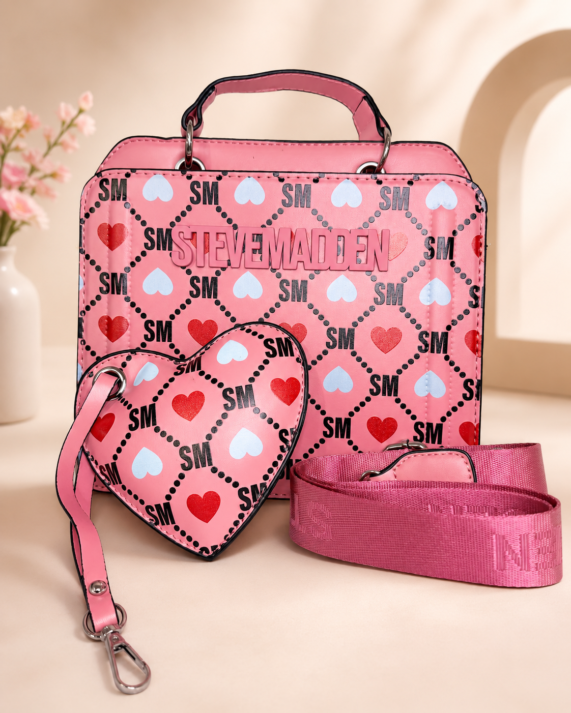 SALE! Bevely Style handbag with heart charm keychain and 2 straps!- Hot Pink