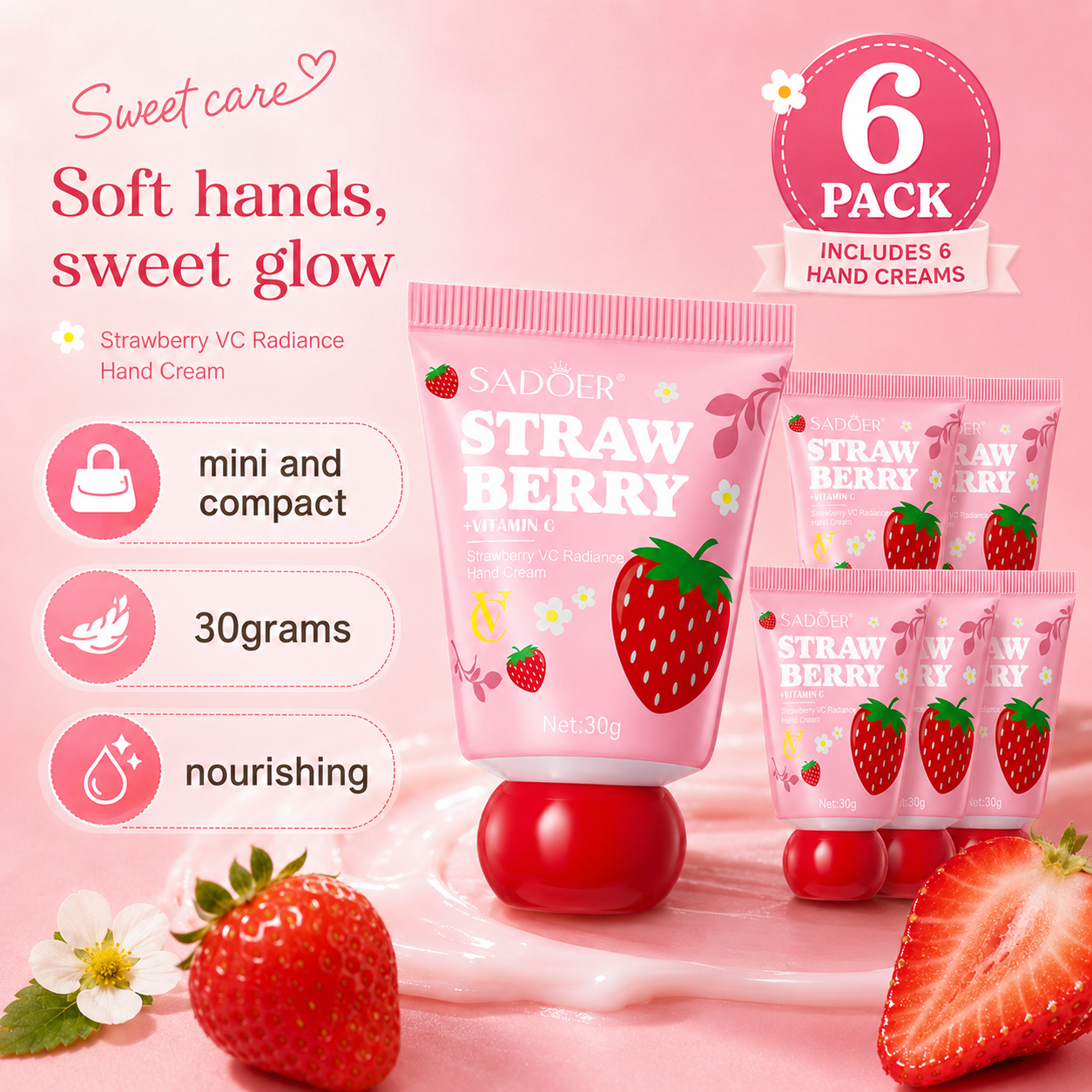 6 Pack Strawberry Hand Cream Set | Mini 30g Nourishing Travel Size Hand Cream