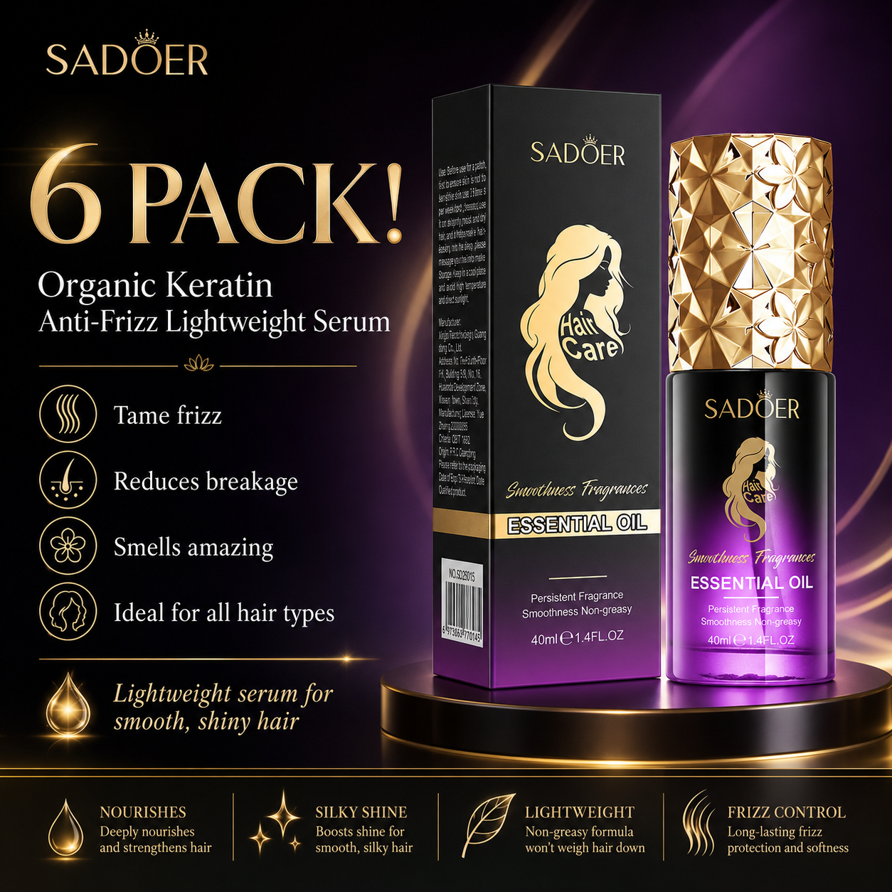 6 Pack Luxe Organic Keratin hair oil sadoer