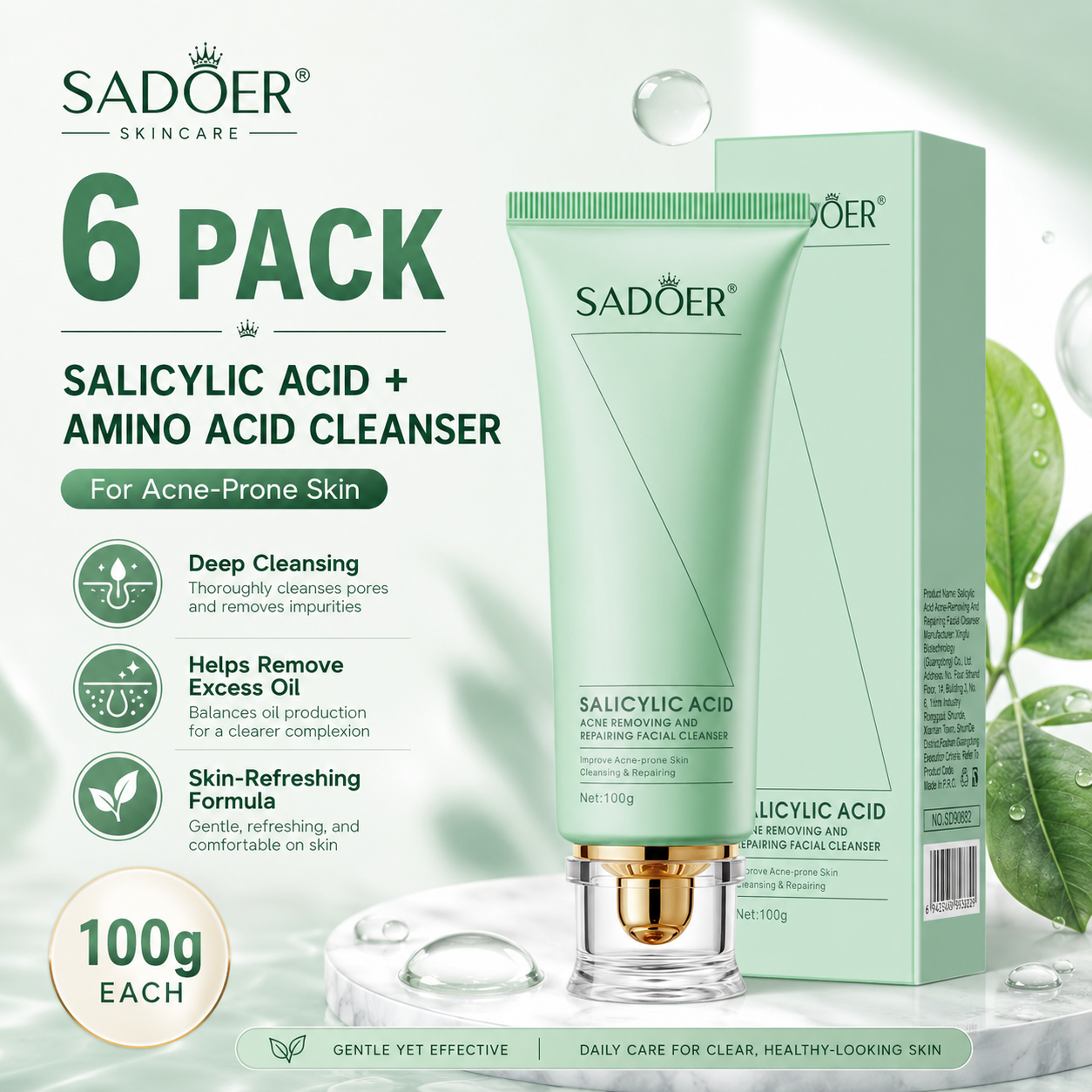 6 Pack 100 grams Salicylic Acid facial Cleanser- for sensitive Acne prone skin
