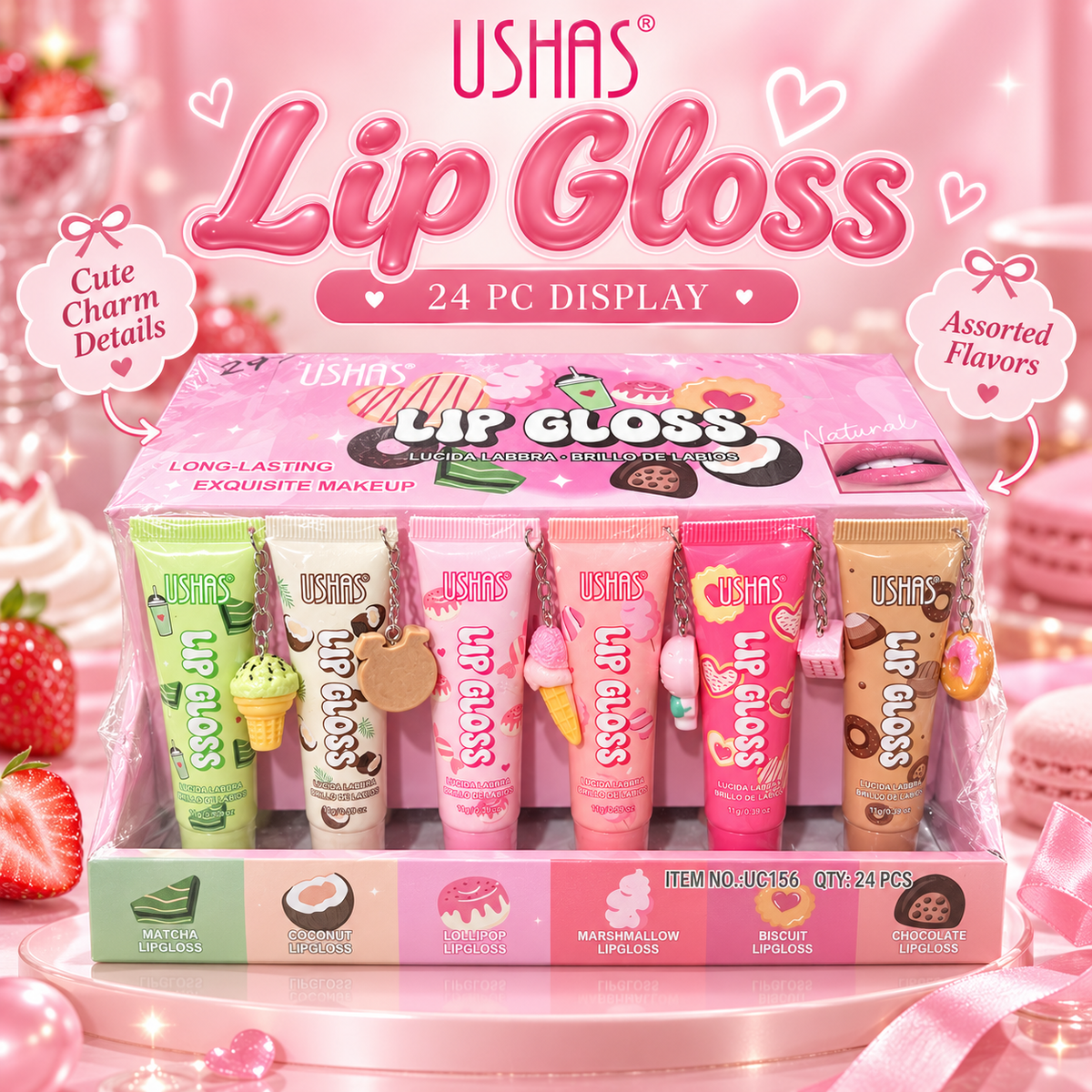 24 PC Lip gloss cute dessert charms