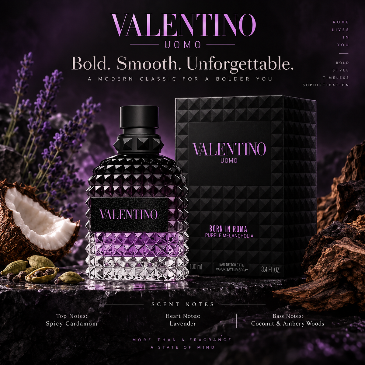 Men's Purple Uomo- Top notes- Cardamom, heart notes of lavender