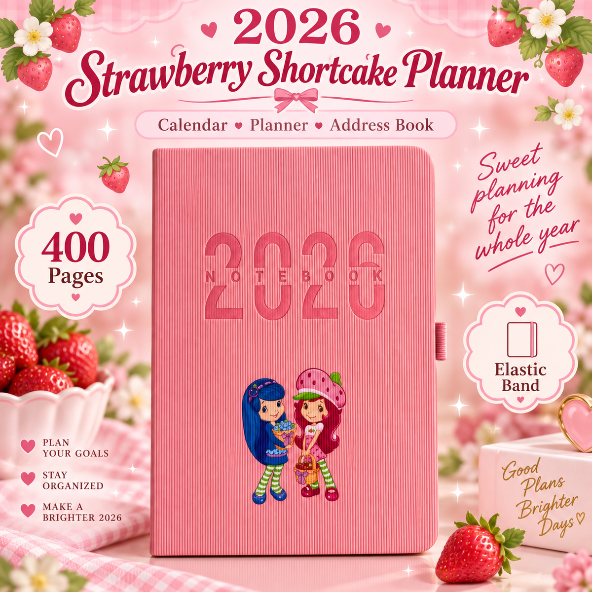 SUPER SALE! Strawberry A5 2026 Premium Planner 356 days- PU LEATHER- Calendar, planner, address book- 400 PAGES with elastic band