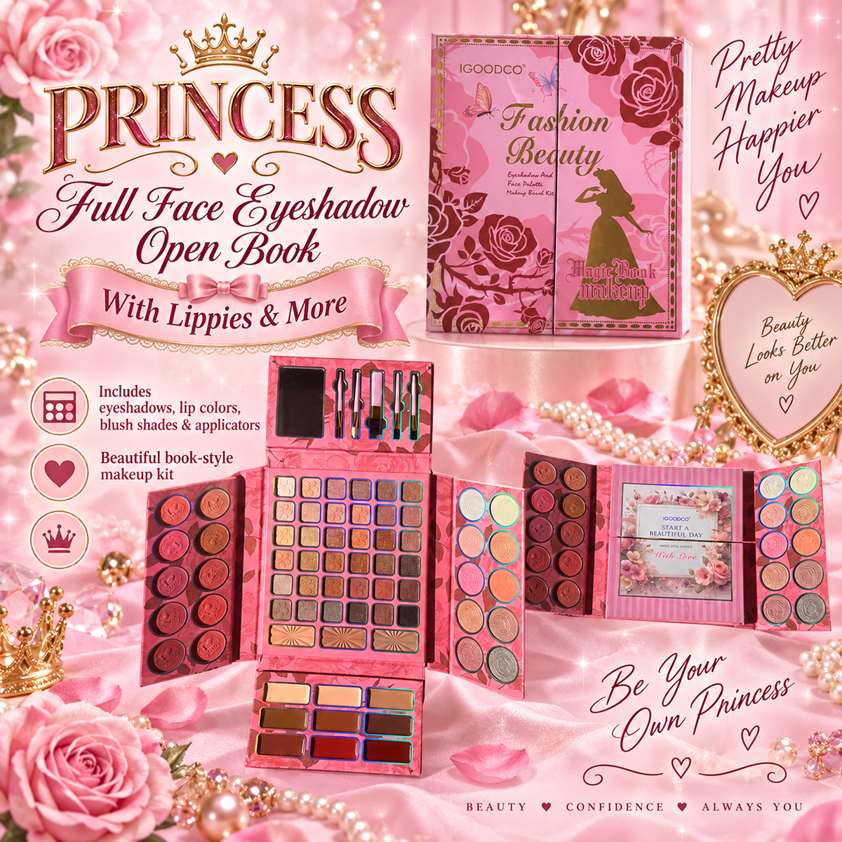 FULL FACE EYESHADOW OPEN BOOK WITH LIPPIES AND MORE- PRINCESS