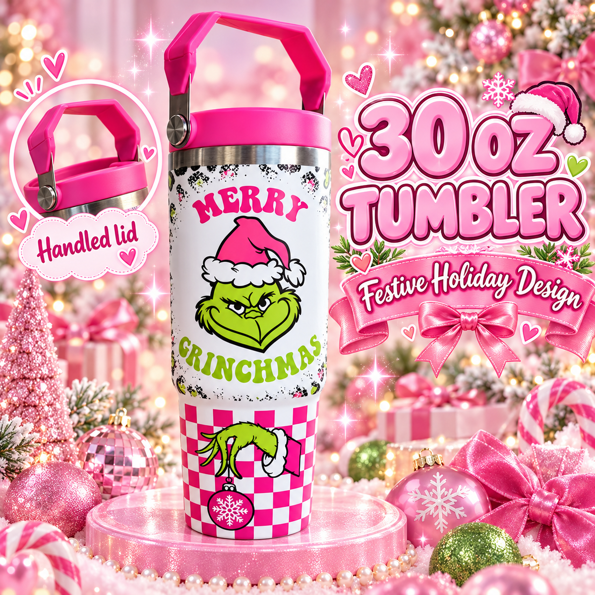 XMAS tumbler glossy glitter with handle- 30 OZ