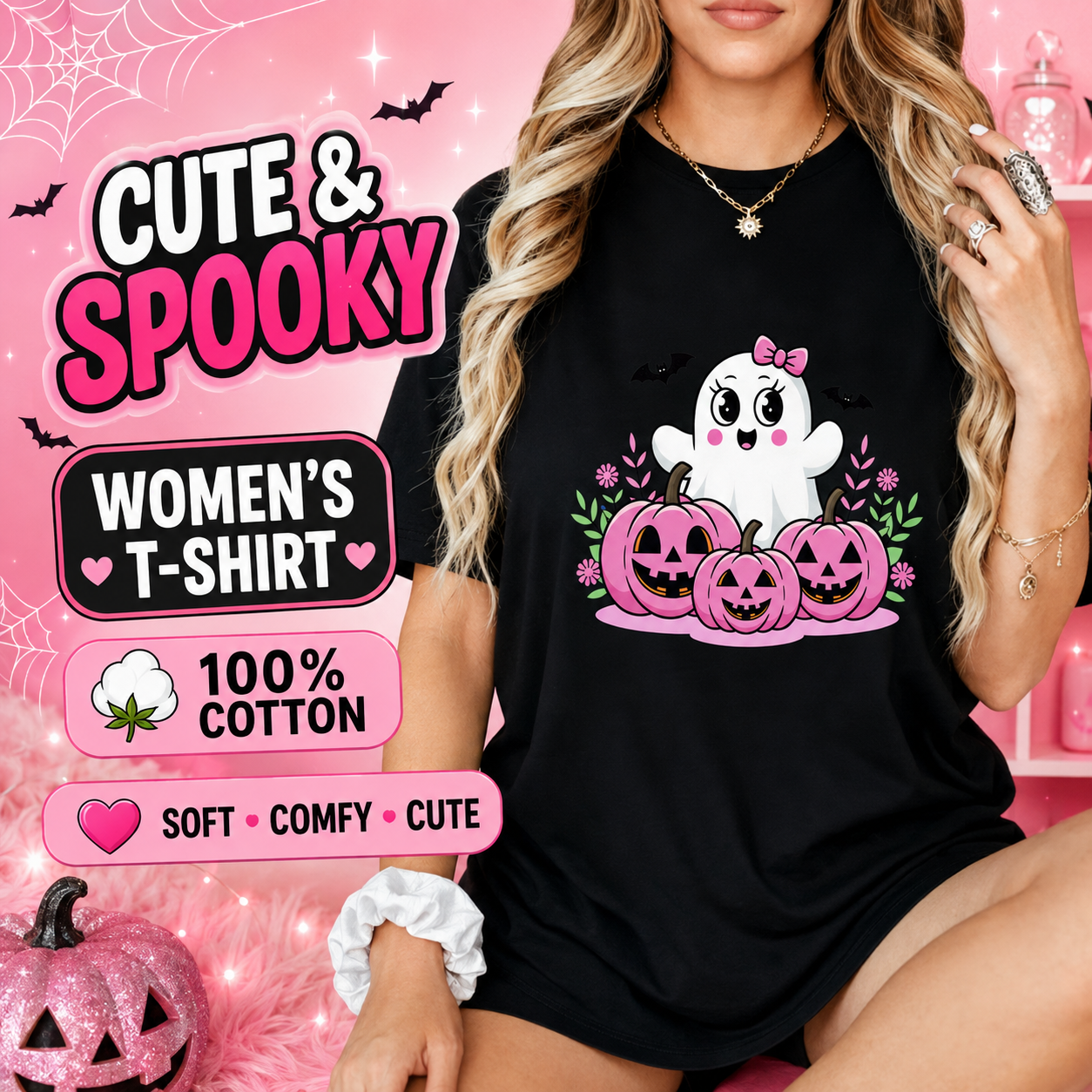 100% Cotton Halloween Tee- Multiple sizes PINK GHOST