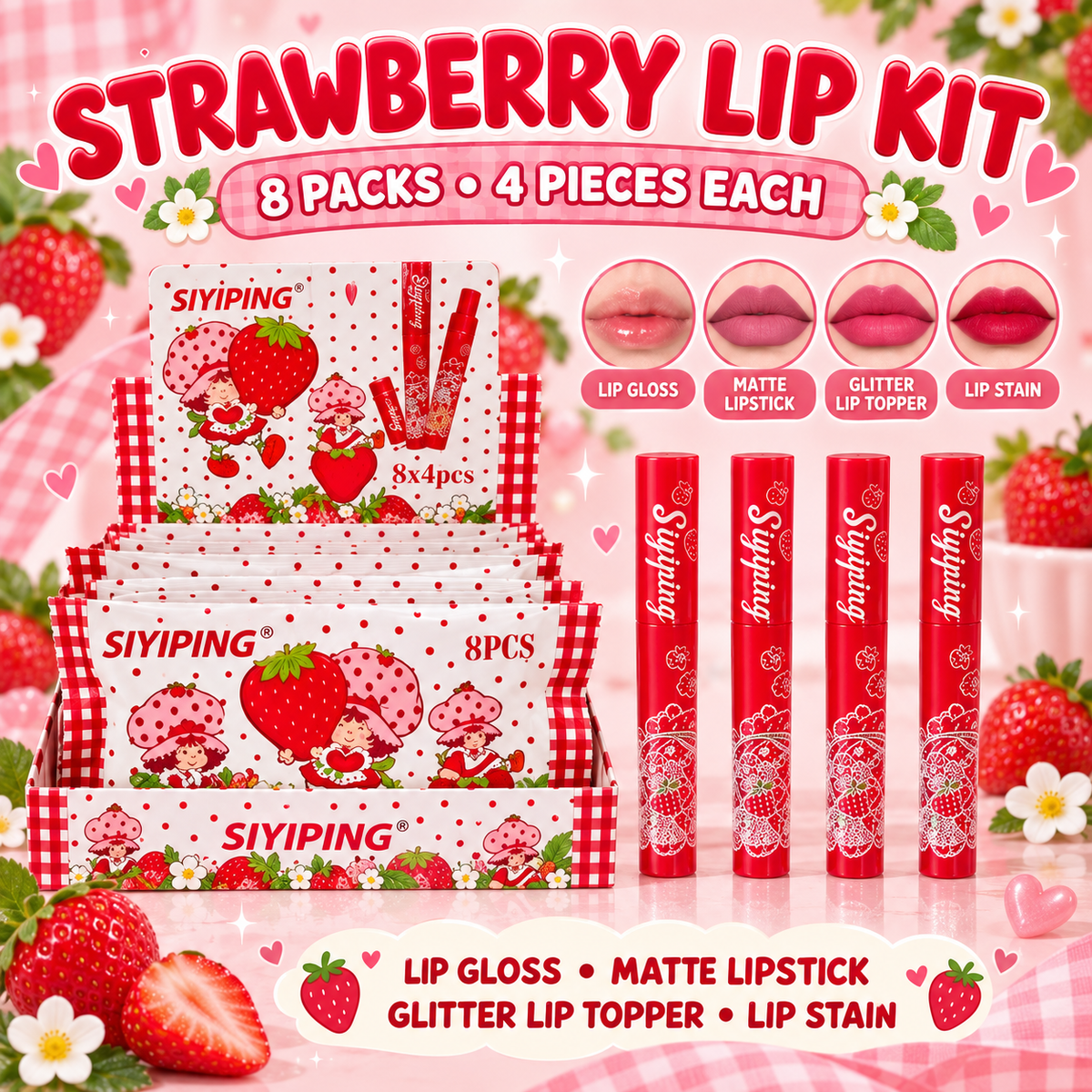 8 Packs Lip Kit sets (4 pcs each) Strawberry- 1 lip gloss- 1 matte lipstick- 1 lip topper glitter- 1 lip stain (Copy)