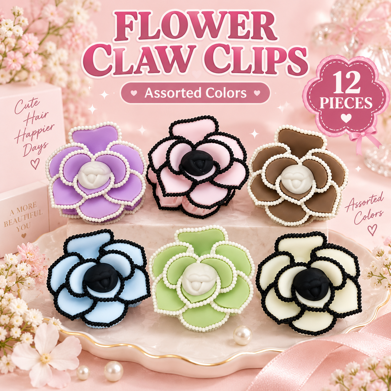 12 PC Cute 3D Flower Claw Clips