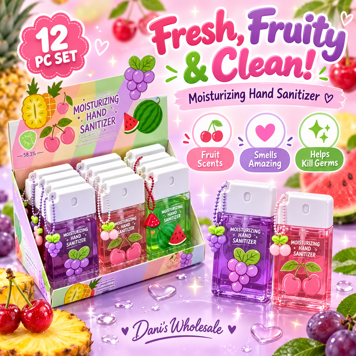 12 PC Hand Sanitizer- Fruits with charms