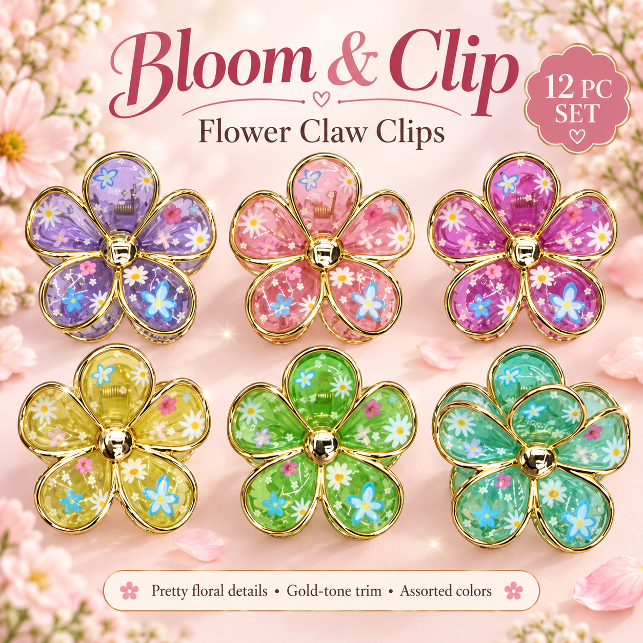 12 PC Gold Flower Claw Clips
