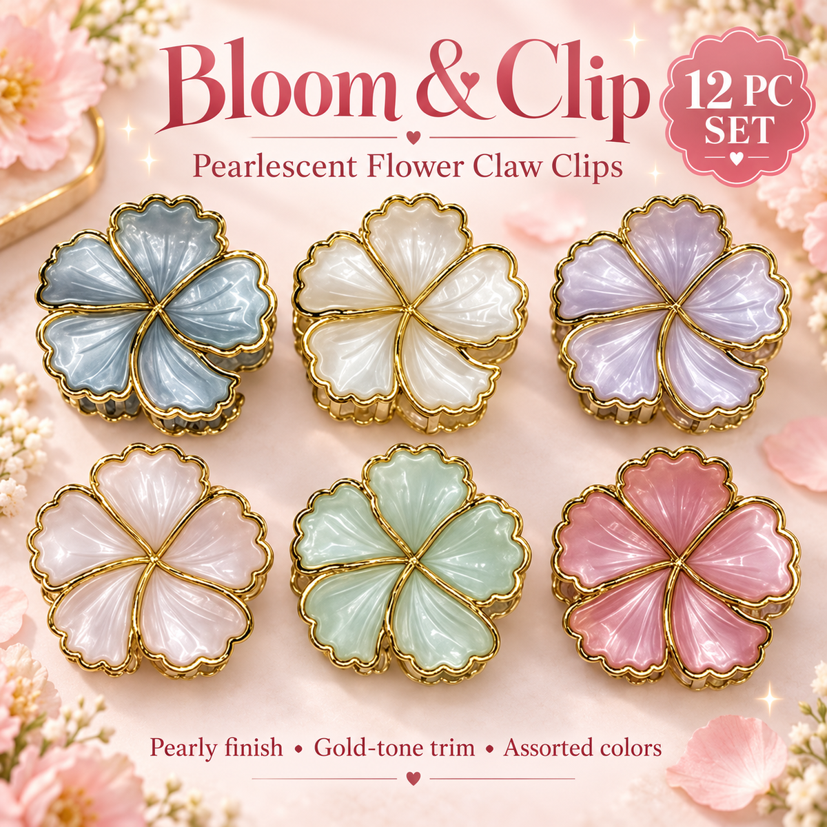 12 PC Gold Flower Claw Clips # 2
