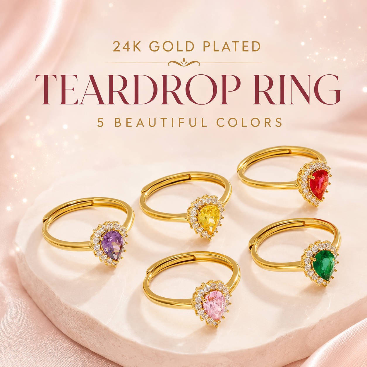 Teardrop 24K Gold Plated Ring- Size 7/8 adjustable
