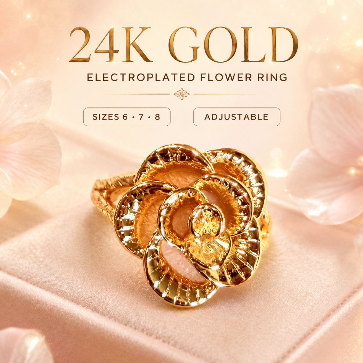 24K GOLD Electroplated Flower Ring- size 6/7/8 Adjustable