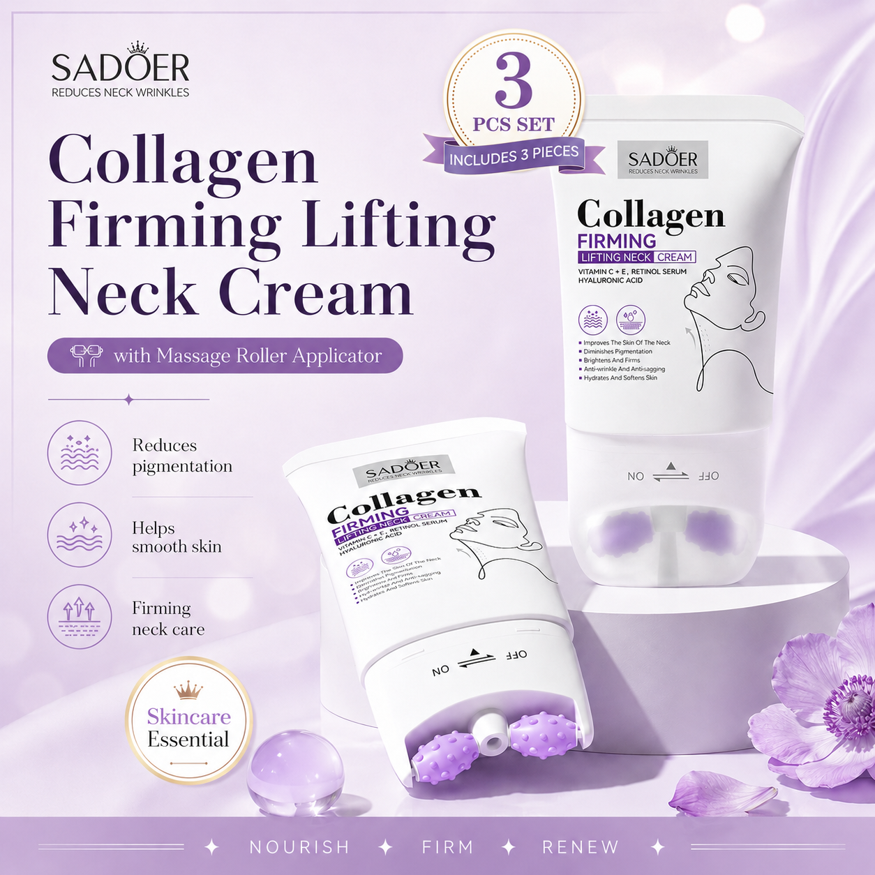 3 PC!  Collagen Neck Roller applicator cream for hyperpigmentation and neck smoothing