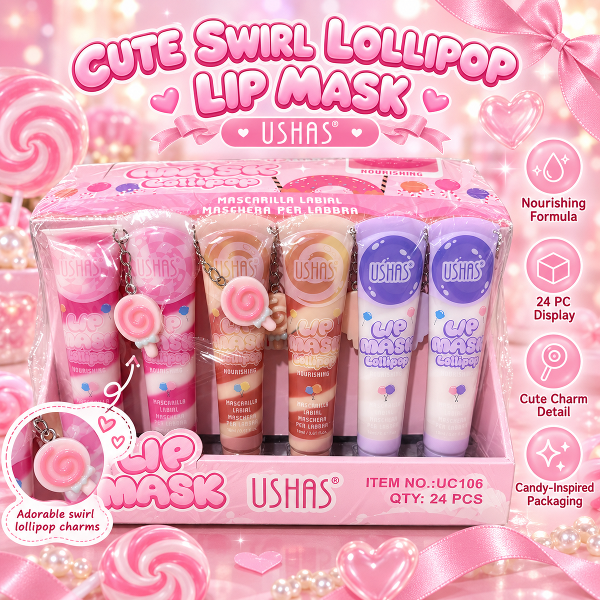 Ushas cute lollipop lip mask - 24 pc display