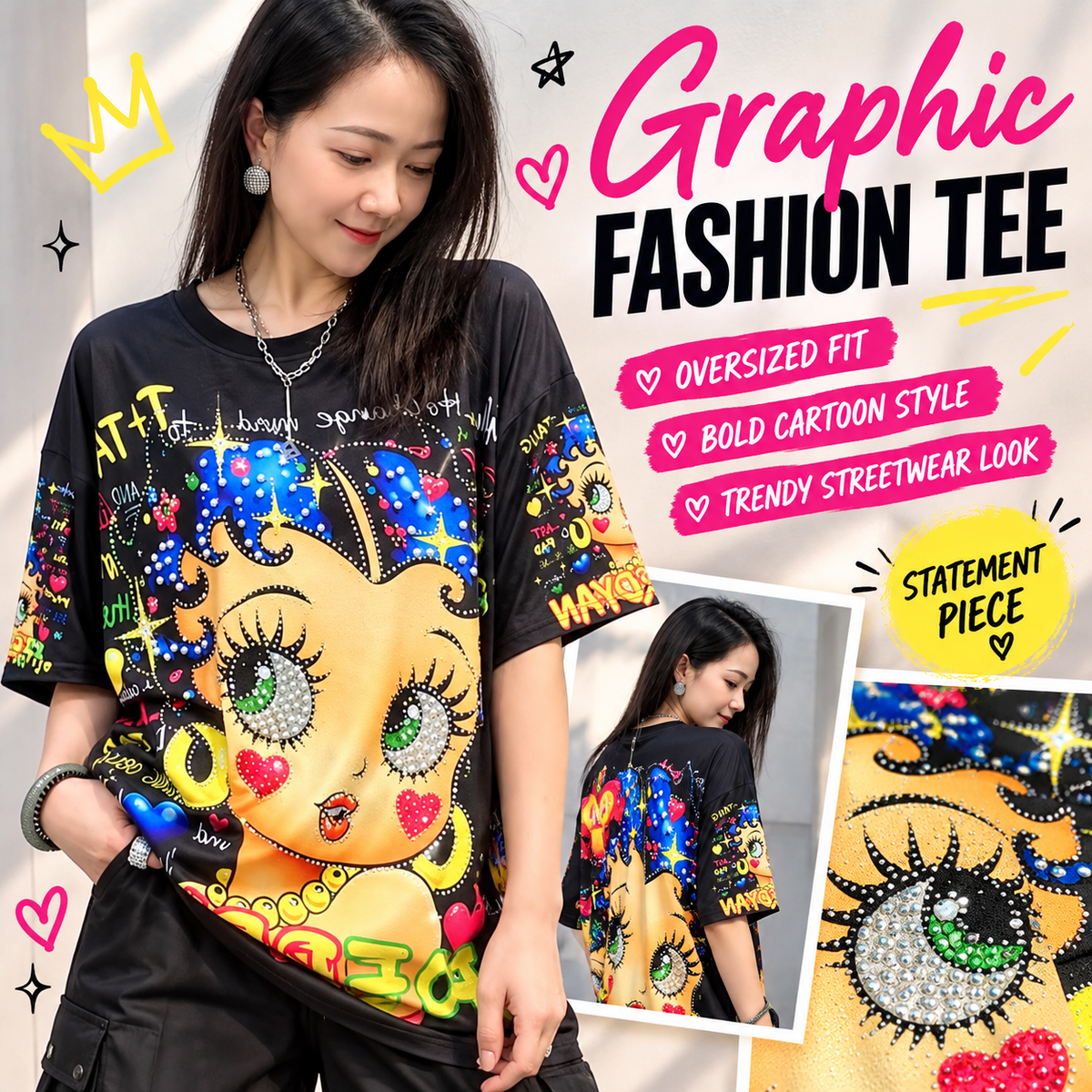 Rhinestone and Beaded Oversized tee- M/L