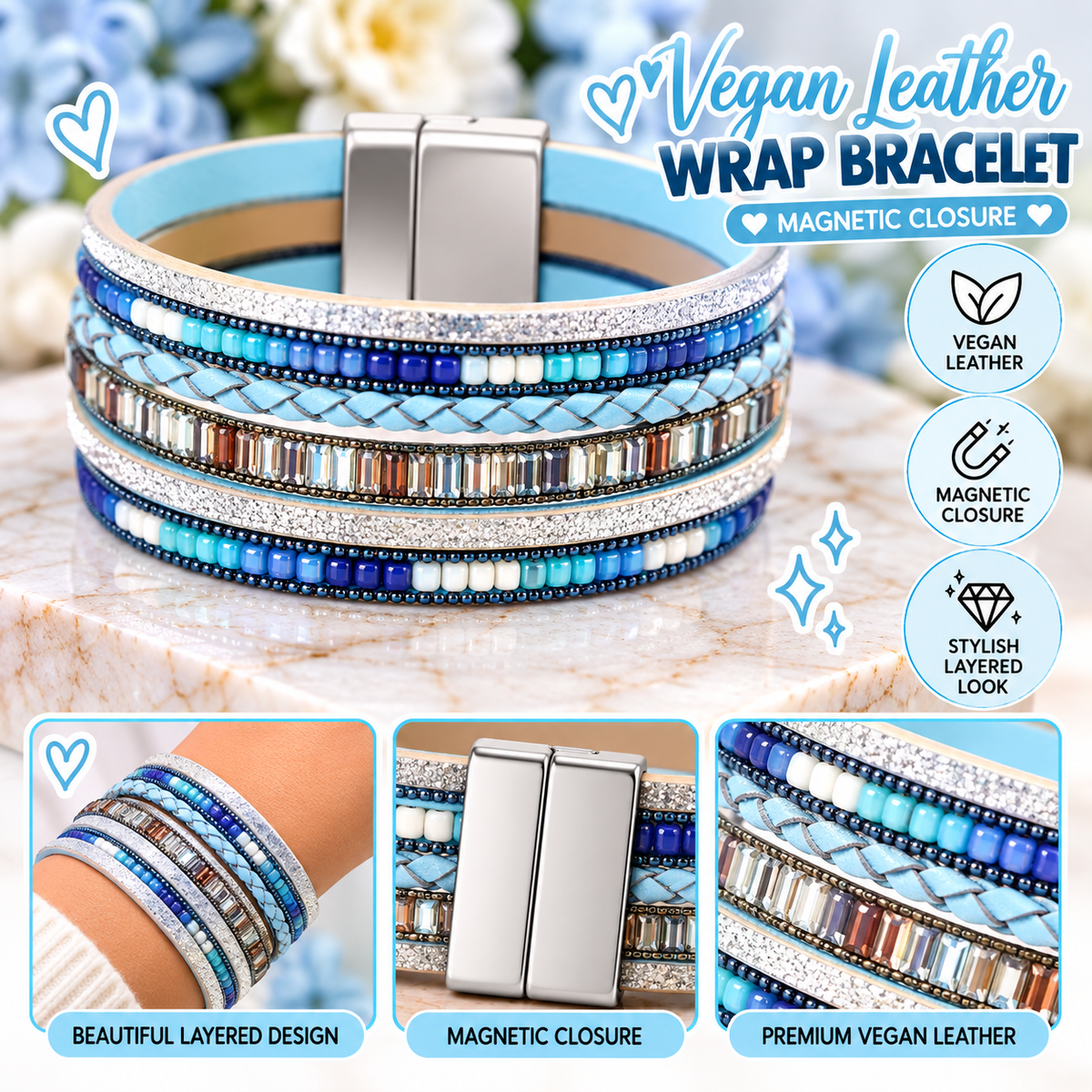 Vegan Leather wrap with magentic closure