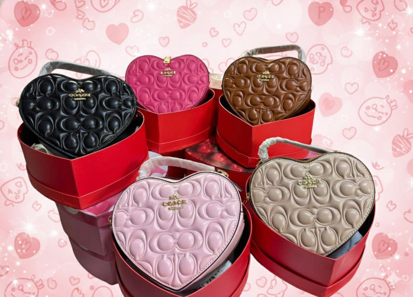 Embossed raised Logo Heart shaped Bag with Strap- HE by ART BOX INCLUDED